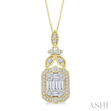 5/8 Ctw Fusion Baguette and Round Cut Diamond Fashion Pendant With Chain in 14K Yellow and White Gold